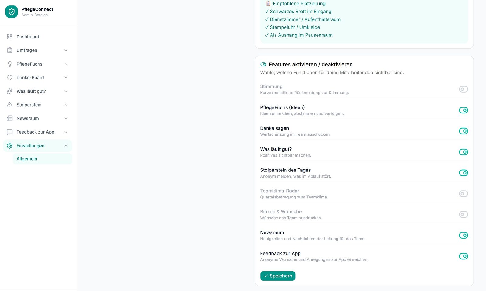 Admin-Bereich: Funktionen pro Einrichtung schalten