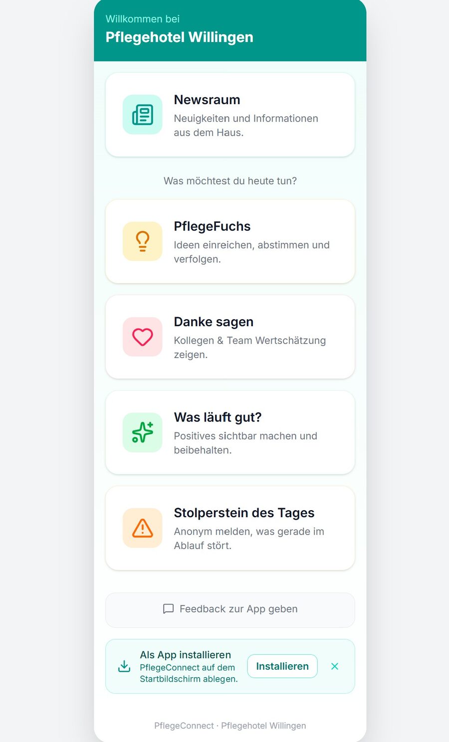 Startseite von PflegeConnect aus Sicht der Mitarbeitenden