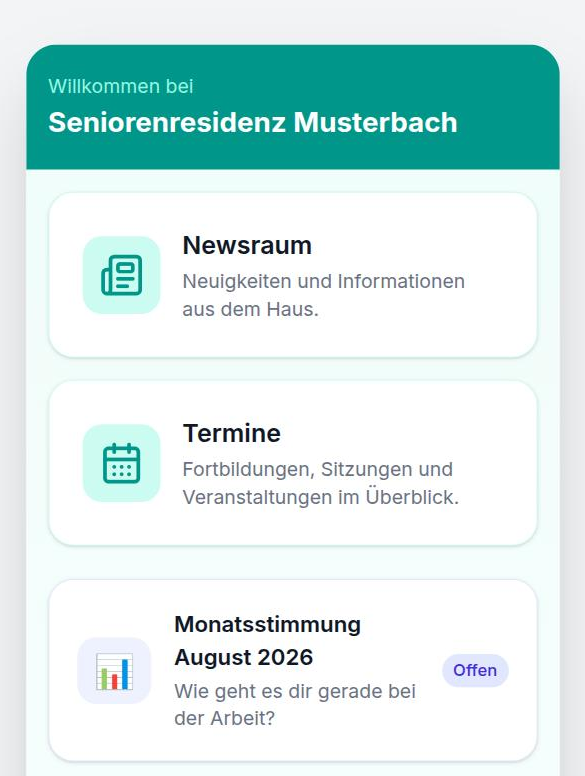 Startseite von PflegeConnect aus Sicht der Mitarbeitenden